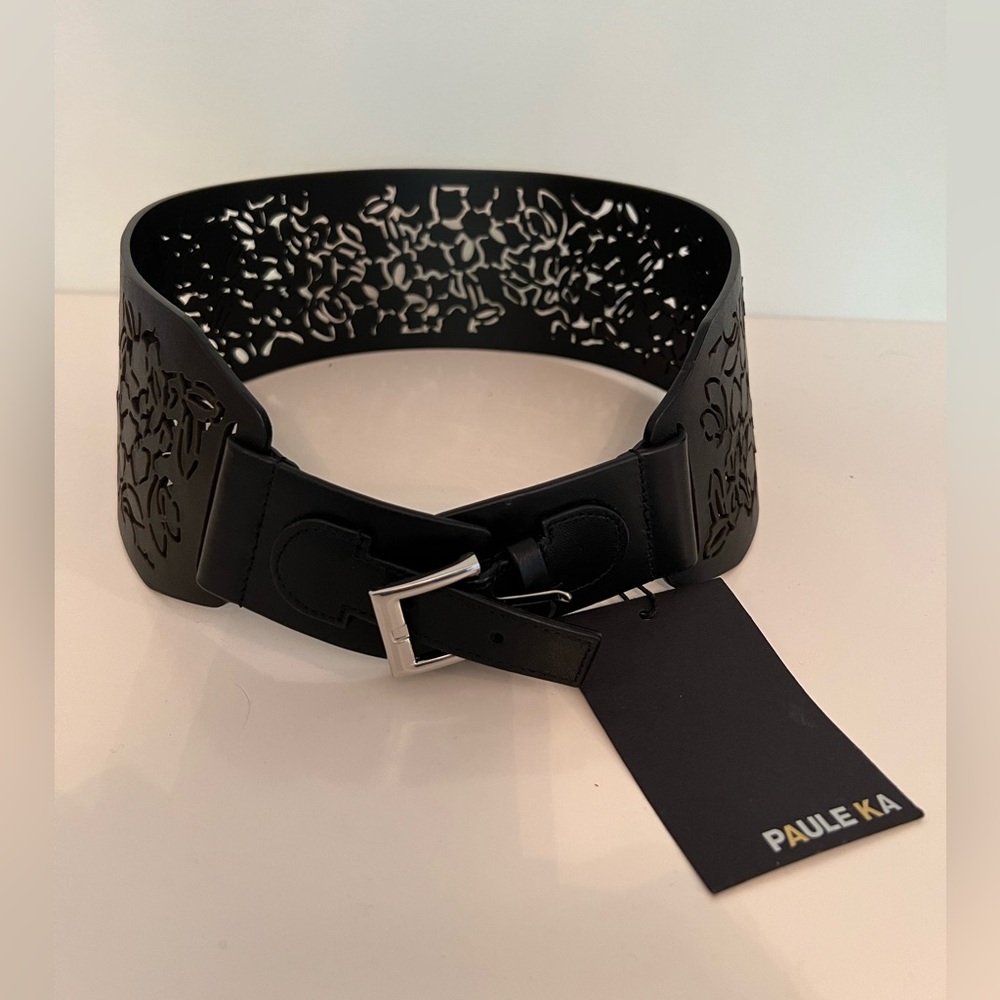 Paule Ka black leather laser-cut belt NWT